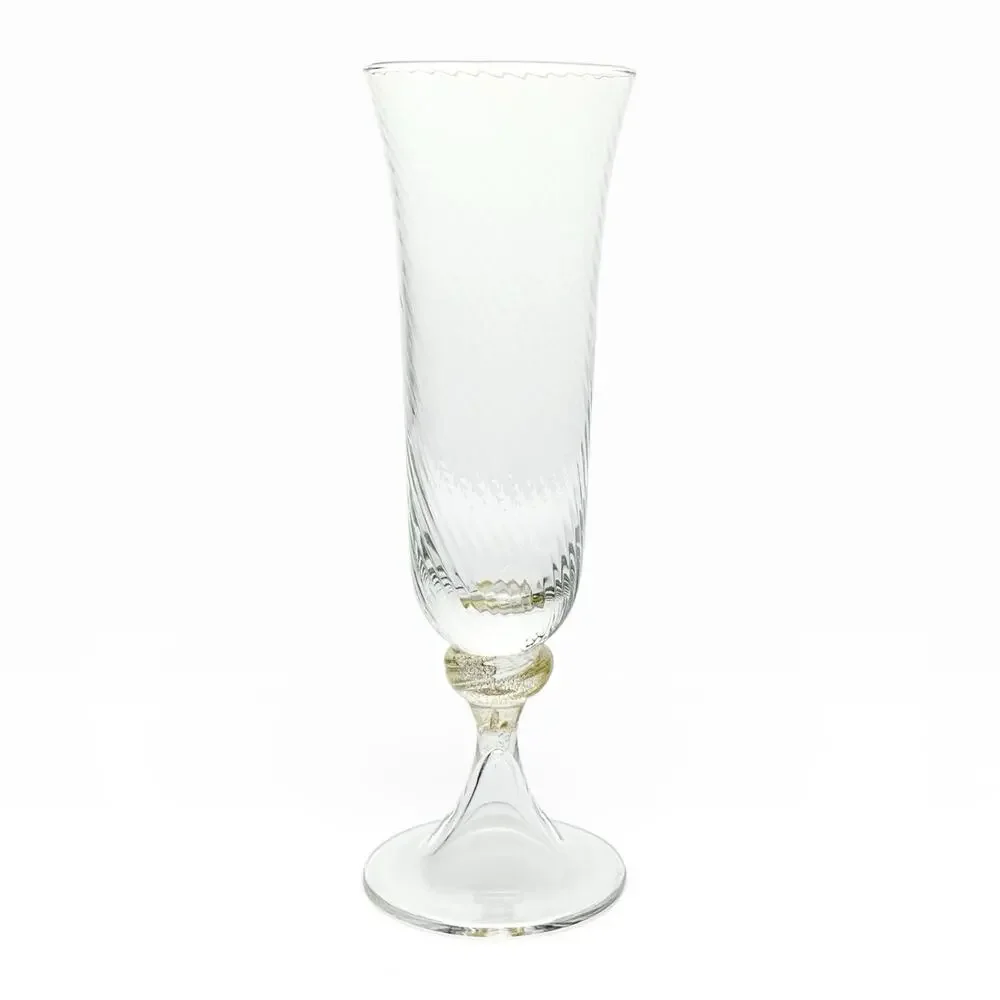Murano Torcée Single Hand Blown Fluted Champagne Glass 7 7/8” 8oz Gold Swirl